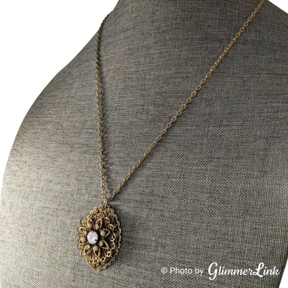 Vintage Layered Filigree Floral Oval Glass Moonstone Gold Tone Pendant Necklace - Picture 5 of 10